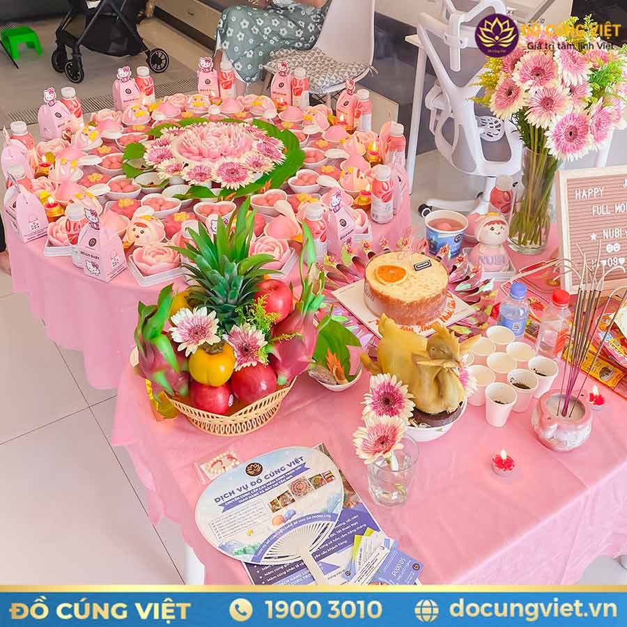 Mâm cúng đầy tháng bé gái tone hồng