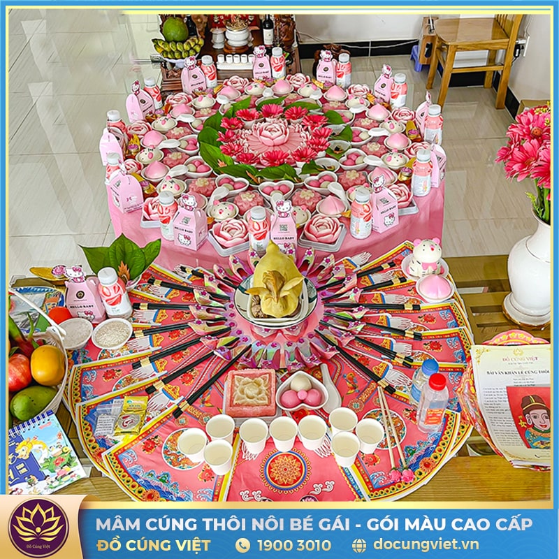 Hình ảnh mâm cúng thôi nôi bé gái [GÓI THEO TONE MÀU CAO CẤP] - Chi nhánh Đồ Cúng Việt TPHCM