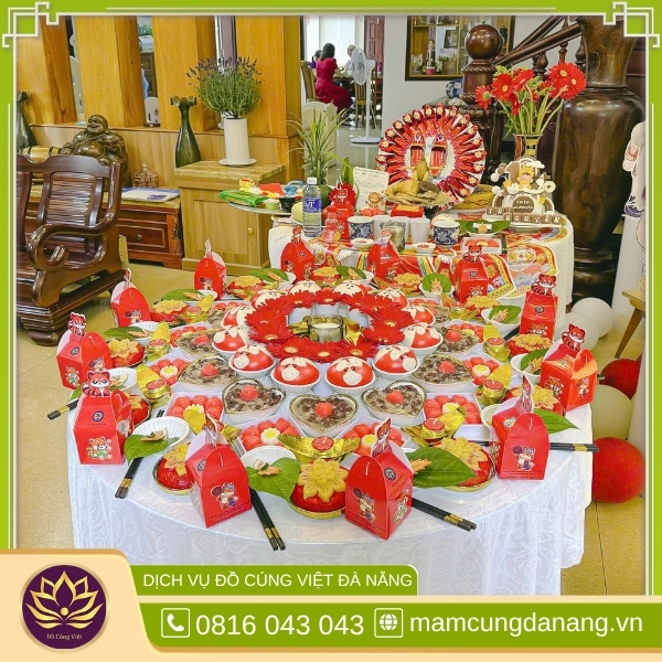 Mâm cúng đầy tháng bé trai miền trung 3 Mâm cúng đầy tháng bé trai tone màu đỏ tại miền trung